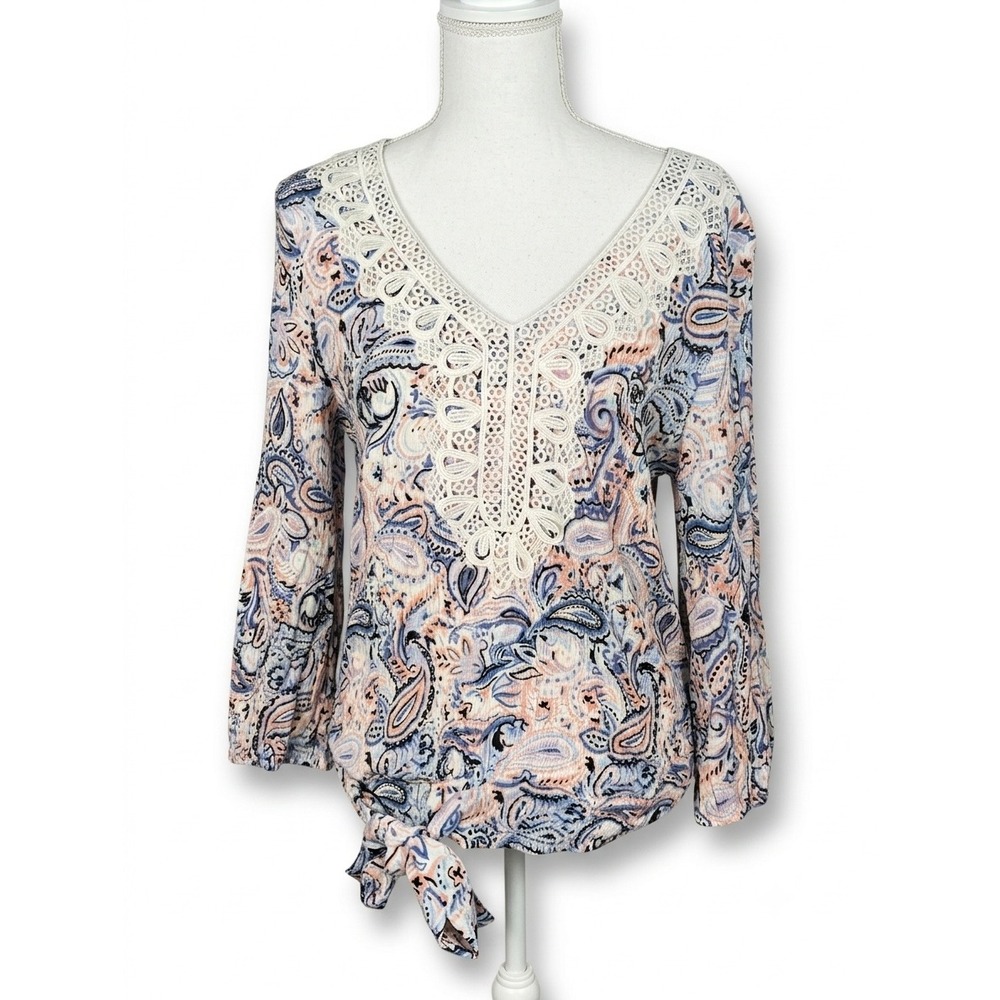 AGB Womens Paisley Print Crochet Lace V-Neck Side‎ Tie Blouse Blue Pink Large